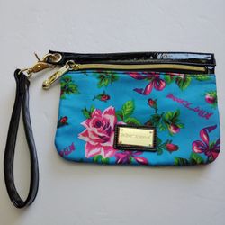 Betsey Johnson Wristlet Faux Patent Leather Pink Roses on Turquoise 