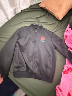 Black Zip-Up Jacket with Rose Graphic and sweater $40