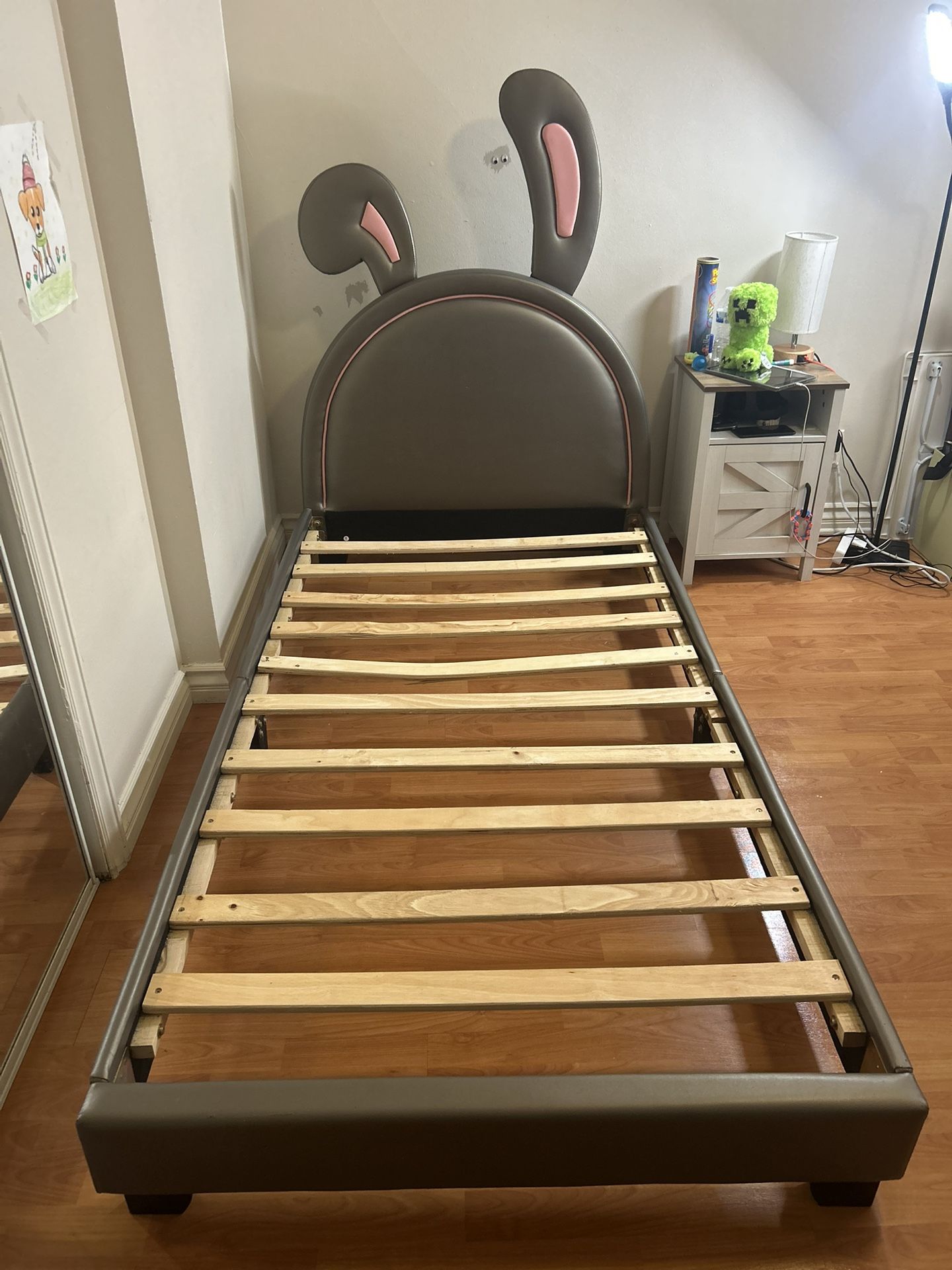 Twin Bed Frames for Kids,Upholstered Leather Platform Bed with Rabbit Ornament,Twin Bed