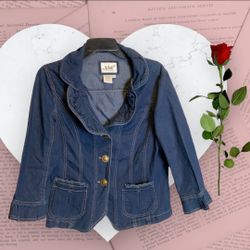 LAL Live A Little Jean Jacket w Ruffled Neck/Sleeves Frayed Pocket Edges Wm L