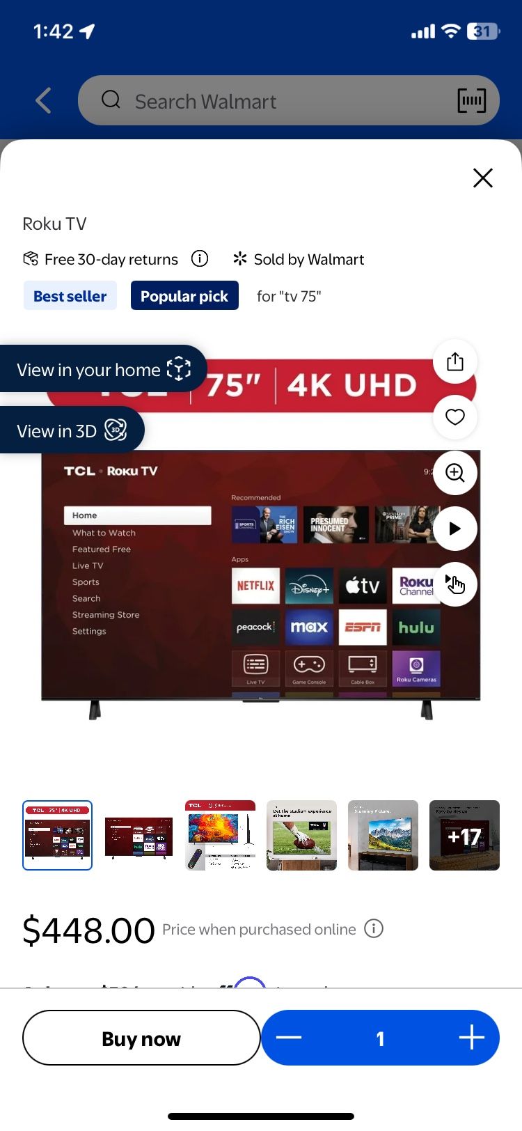 TCL Smart TV 75” New In Box