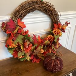 Fall wreath plus seeded pumpkin 19”