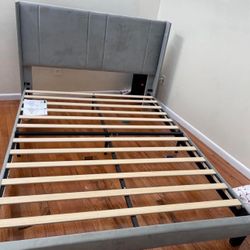 Queen Bedframe Modern Gray Velvet Headboard