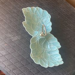 Vintage Aqua Divided Leaf Dish With Brass Handle