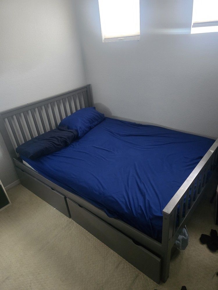 Full Size Bed with frame, mattress and storage