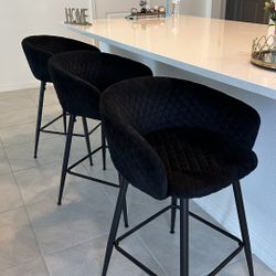 Set of 3 Black Velvet Bar Stools – Modern / Like New 