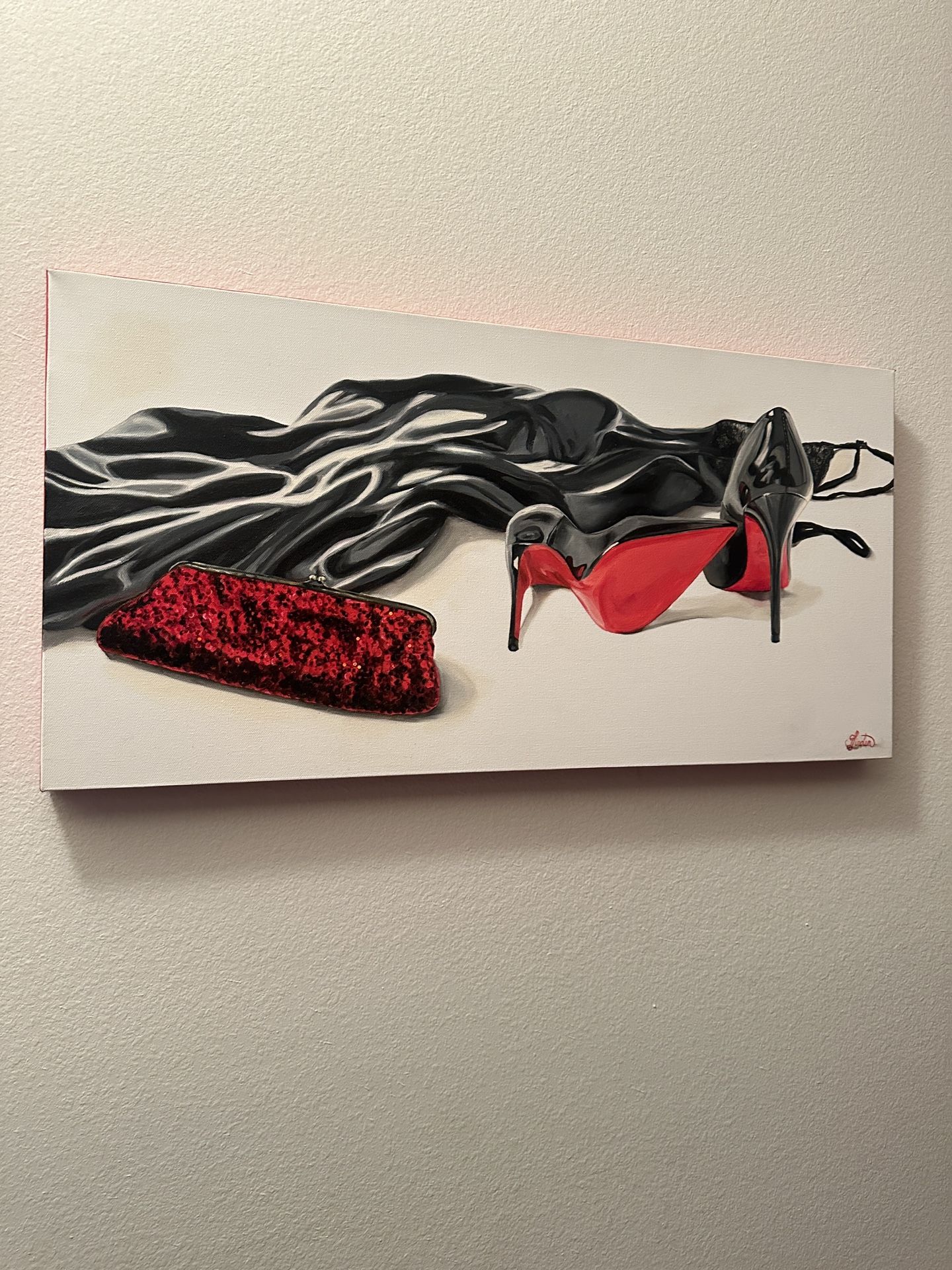 Art rectangular frame Sarasota Artist - heels and red purse art size 15x30