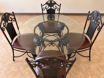 Ornate Wrought Iron Glass Dining Table + 4 Chairs – 5 Piece Set