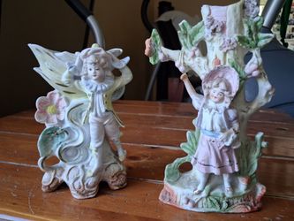 Vintage Mid-Century Victorian Style Figural Vase Pair