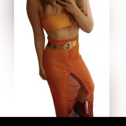 Vintage front slit mesh bright orange fringe bottom maxi sheet cover up skirt high waisted festival burning man 