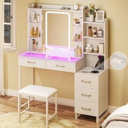 #B )Vanity Desk with Mirror and Lights, 43" Makeup Vanity with Glass Top & RGB Ambient Light, Vanity Table Set with 5 Drawers, Power Outlet & Chair fo