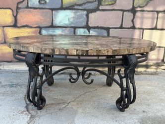 Wrought Iron Scroll Base Legs w/ Marble Tile Top Table