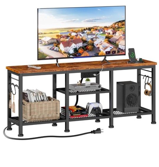 Furologee TV Stand with Power Outlets, Entertainment Center with Open Storage Shelves for TVs up to 55 Inch, TV Media Console Table with Soundbar Shel