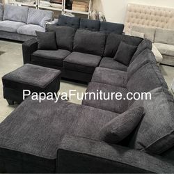 New 113” Chennile Sectional Couch, U-Shaped Sectional Sofa, Couch, Sectionals, Sectional And Ottoman, Couch, Black Sectional, Reversible Chaise Sofa D