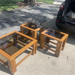 Vintage Pine Wood 2 End Tables 24by18, 20 hi, Coffee table 32by32,17 hi, glass incerts , $40 total  