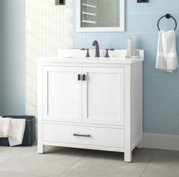 Allen + roth Ronald 36in white undermount single sink bathroom vanity with white engineered stone top   with faucet   Retail price $800 