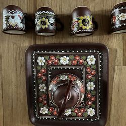 Ceramic Tea Set (plate, Small Tea Pot, 3 Cups, 1 Broken One)