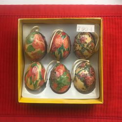 Set Of Six Vintage Easter Egg Ornaments Paper Mache Decoupage, Lacquered - Compare @$40+