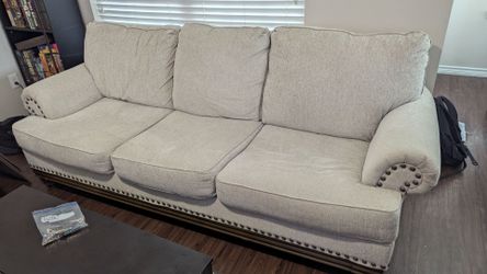 Beige 3-Seat Sofa with Nailhead Trim