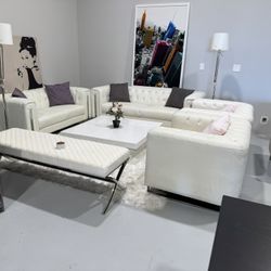Modern White Tufted Sofa Set – 4 Matching Sofas w/ Chrome Accents