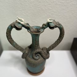 Studio Art Pottery-Dragon Vase - Hand - Sculpted Double Dragon - Artist Stamped