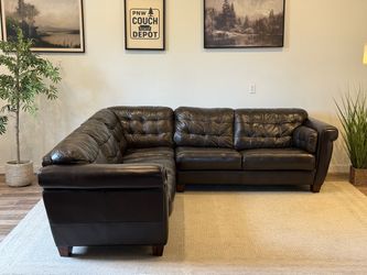Sheldon’s dark brown top grain leather sectional couch delivery available