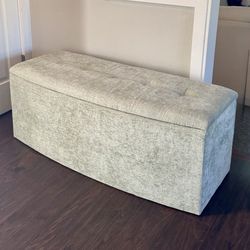 Storage Bench, Upholstered Light Celadon Green Chenille Fabric, 48” Long, Like New