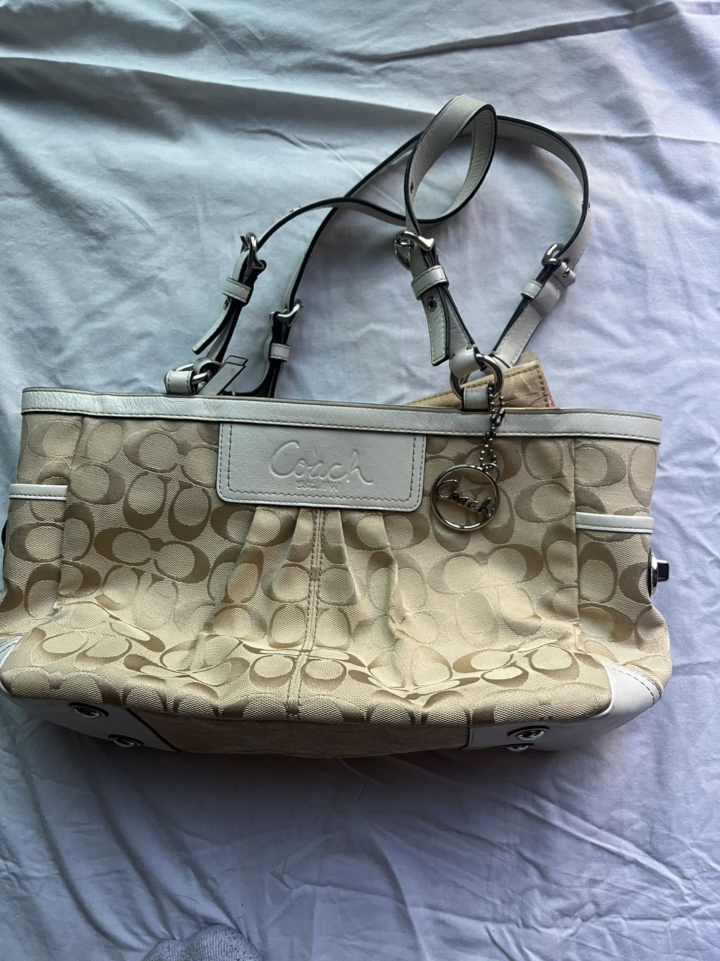 Coach Signature Beige Tote Bag with White Trim
