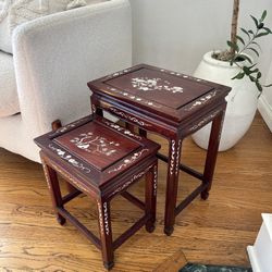 Antique Accent Tables Pair 2 Inlayed Mother Of Pearl Small Space  Rosewood Table Accent Decor Small Vintage 
