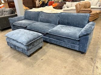 Denim Blue Chenille 4 Piece Modular Sofa with Ottoman