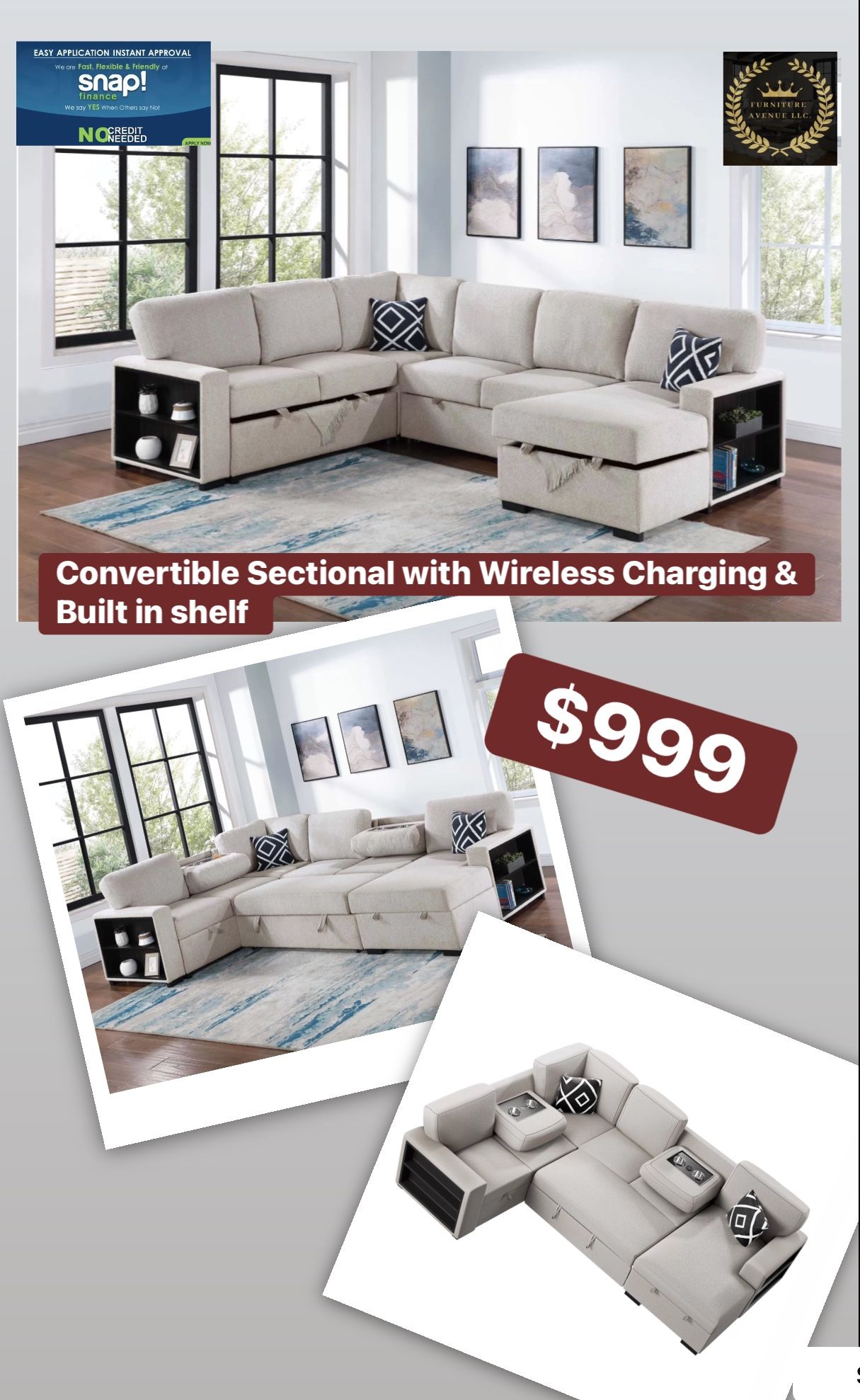 4 Pc Convertible Sectional Sleeper Sofa W Fold Down Table, Chaise Storage, Wireless Charging & Built-in- Shelf