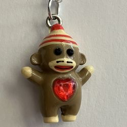 Miniature Sock Monkey w/ Rhinestone Heart Charm Pendant Necklace - Cute Jewelry