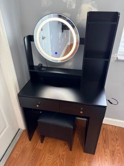 Black Vanity Desk with LED Mirror and Stool