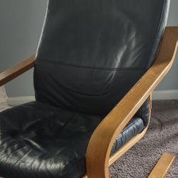 IKEA POÄNG Armchair – Black Leather Chair w/ Wood Frame, Modern Lounge Chair