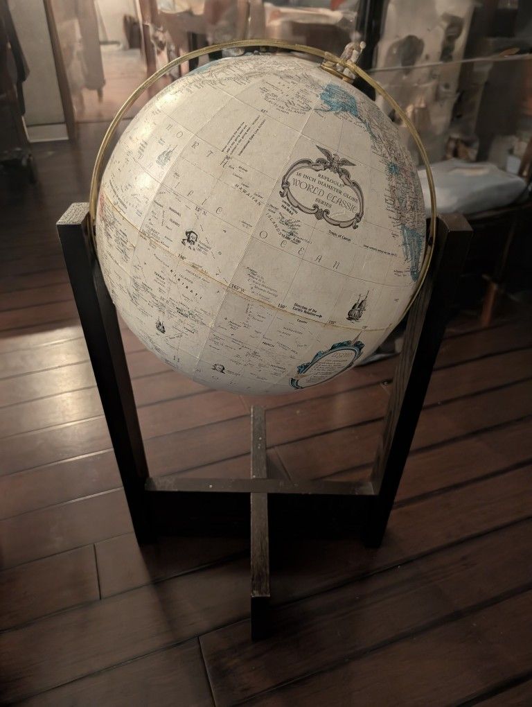 Vintage Replogle 16 Inch World Globe on Wood Stand - Made In USA