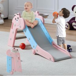 DOREROOM Toddler Slide Indoor Slides for Toddlers Slide Kids Foldable Baby Plastic Playground with Basketball Hoop
