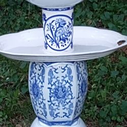 Beautiful Tall Blue And White Porcelain Birdbath 🌞🦋🌷🐦🌺 Buy 2 Or 3 Get Free Solar Fountain