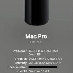 Mac Pro 2013 6-core 3.5Ghz 32GB Dual D500 512GB SSD