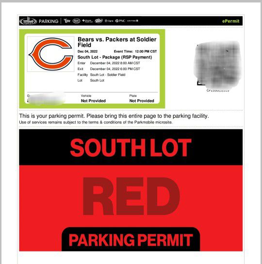 Chicago Bears vs Green Bay Packers, South Lot Parking Pass 