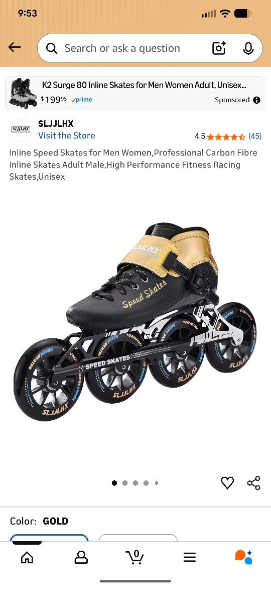 New Professional Carbon Fibre High Performance Inline Speed Skates Size US 6 Gold