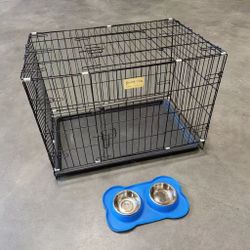 New In Box Stainless Steel Feeding Bowls And 30x19x22 Inch Tall 2 Doors Collapsible Dog Cage Crate Portable Travel Kennel 