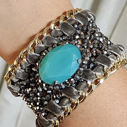 Marcasite beaded & faux turquoise  velvet trim cuff bracelet 