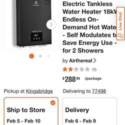 Tankless Water Heater, 18k Like New Never Used