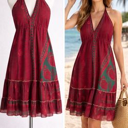 Jessica Taylor 100% Silk Halter Dress Red Green Boho One Size New
