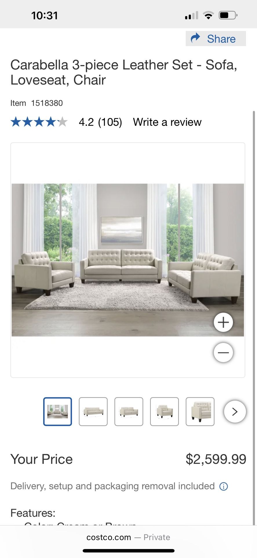Carabella 3 Piece Leather Set, Sofa, Loveseat Chair