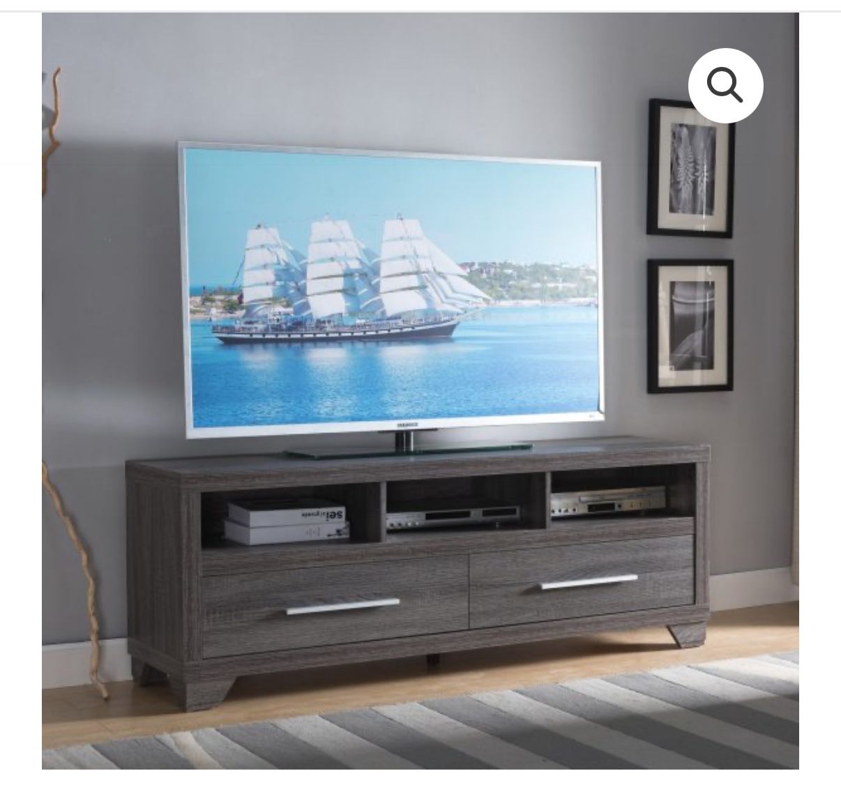 60” Distressed Grey TV Stand Two Storage Drawers Three Display Shelves