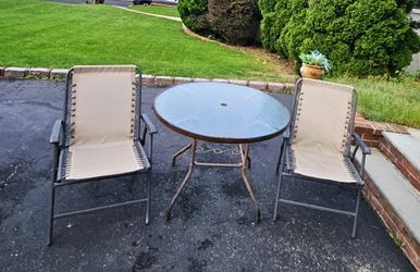 3pc. Outdoor Patio Dining Table Round Metal Glass Top 2 Folding Chairs Armchairs Porch Backyard Garden Deck Gazebo