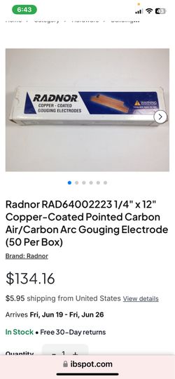 Radnor 1/4" x 12" Copper-Coated Pointed Carbon Air/Carbon Arc Gouging Electrode (50 Per Box)