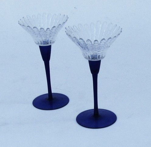 Pair of Vintage Large Cobalt Blue Stemmed Crystal Candle Holders