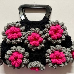 CROCHET HANDMADE 3D-FLOWERS BLACK PINK wood handles PURSE PARTY Evening Bag USA 